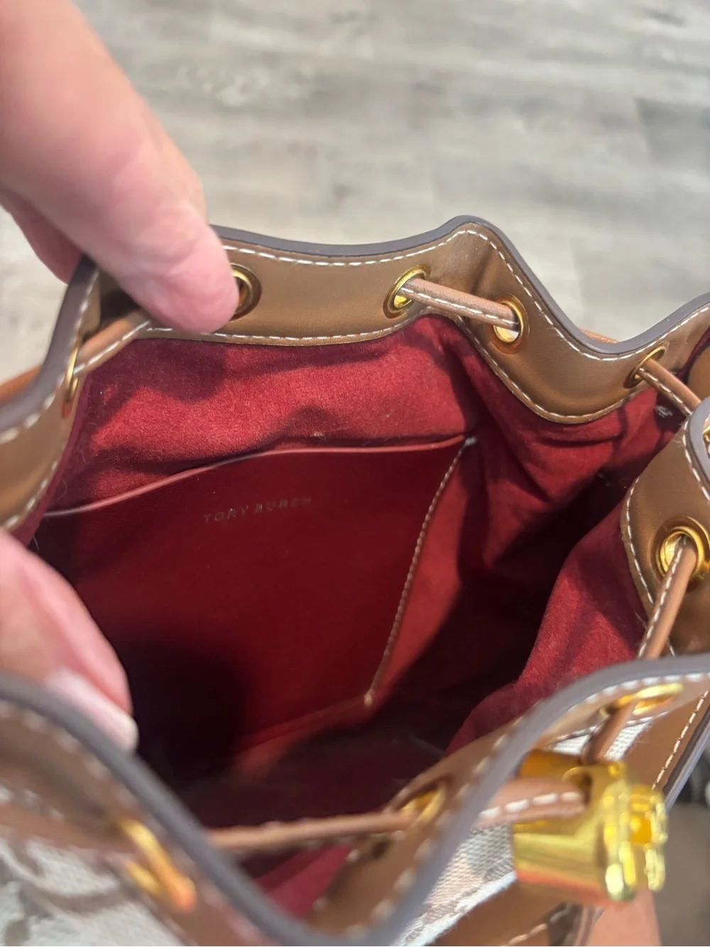 Tory Burch Beige and Brown Logo Canvas Drawstring Mini Bucket Bag